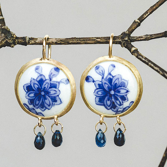 Ohrringe Porzellan blau Saphir Gold 1 